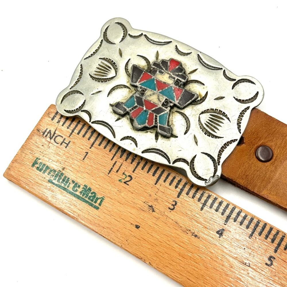 VTG -FRONTIER BUCKLE Native American vintage 70s Zuni Multi-Inlay Knifewing belt - Picture 5 of 14